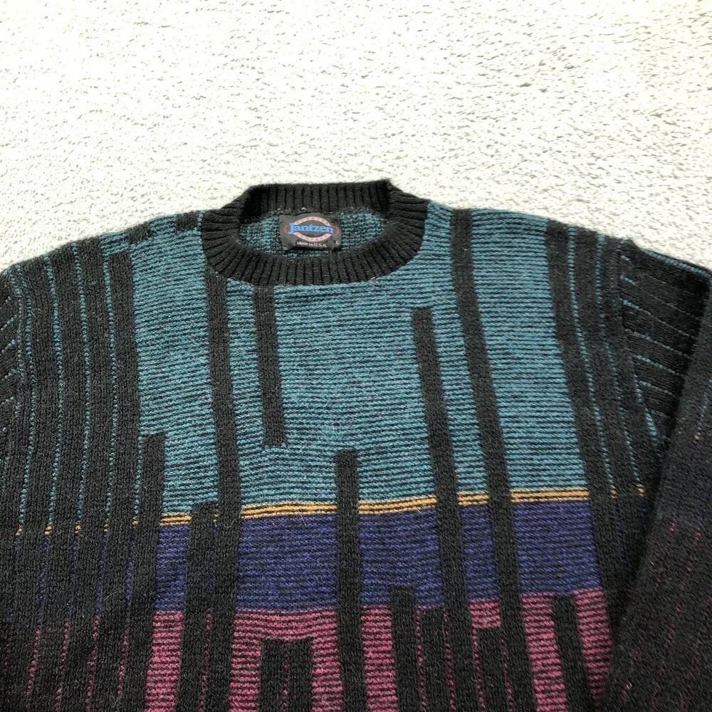 Vintage Jantzen Sweater Mens Large Black Geometric Knit Crewneck Pullover USA